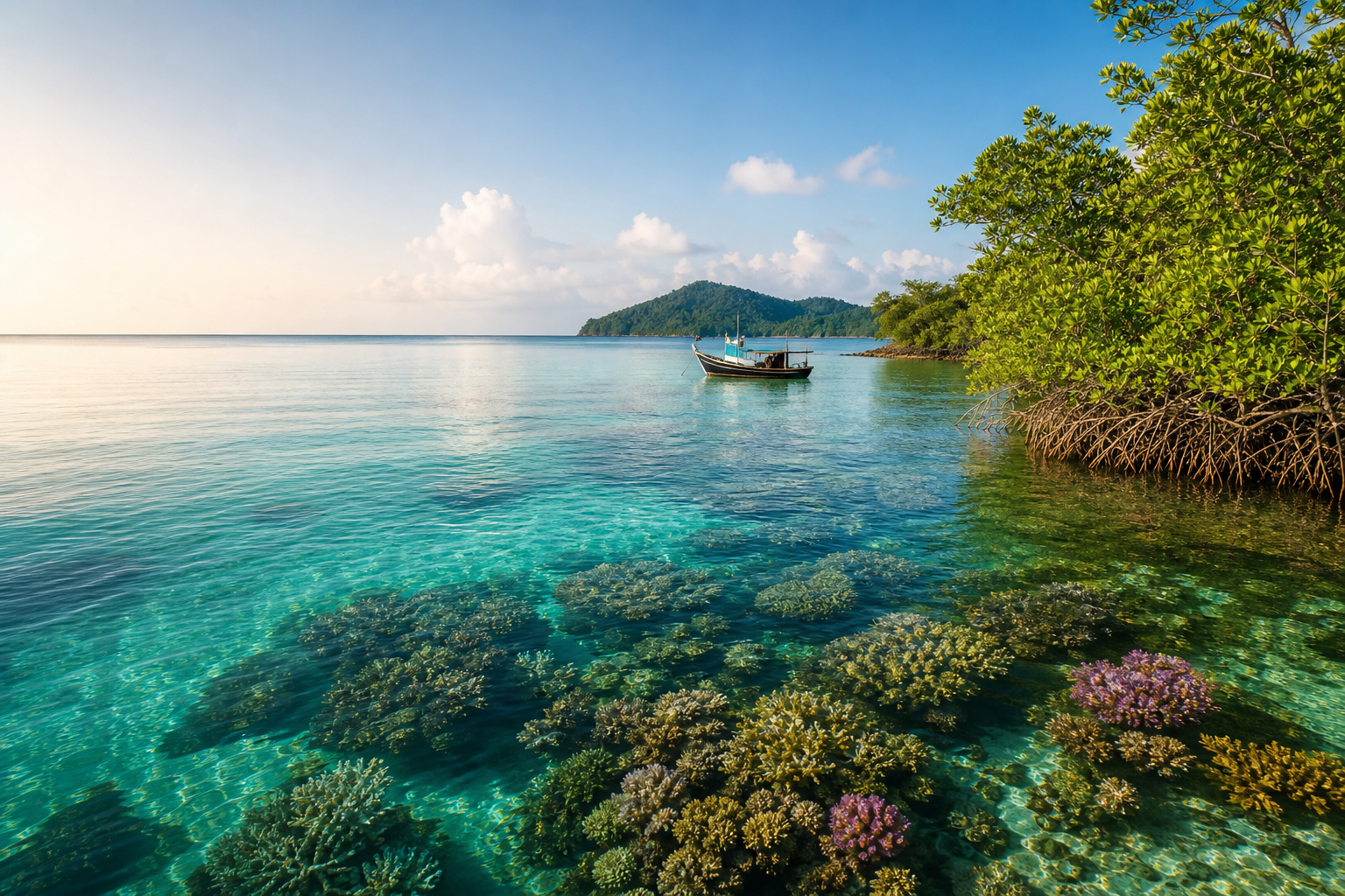 Cambodian coastal marine ecosystem with clear water, coral reef, and mangroves